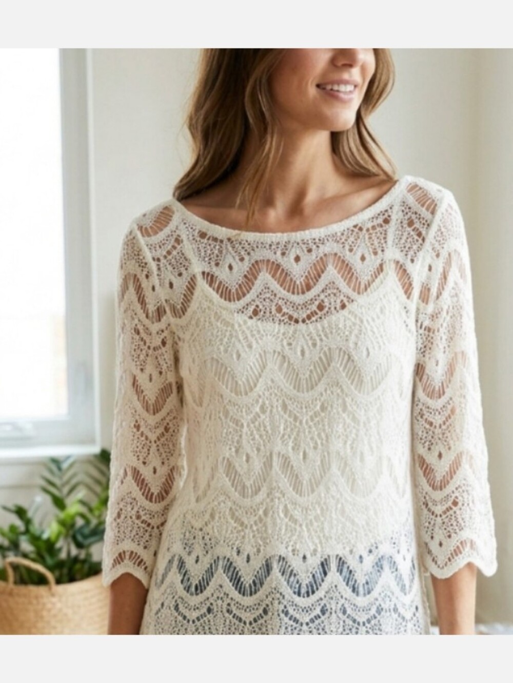 Gimmicks by BKE White Ivory Lace Boho Sheer Top- XS